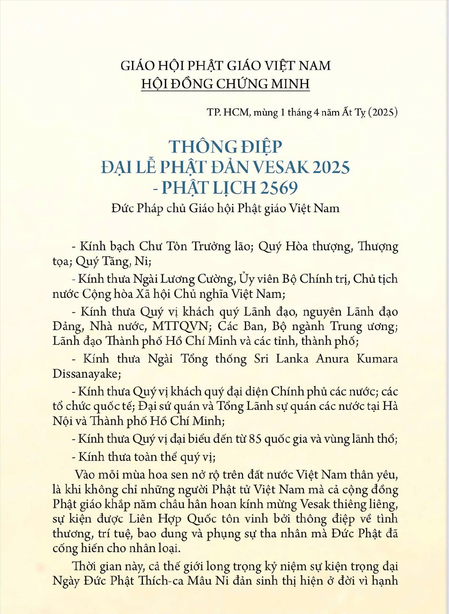Thông điệp Đại lễ Phật Đản Vesak 2025 - Phật Lịch 2569 của Đức Pháp chủ Giáo hội Phật giáo Việt Nam