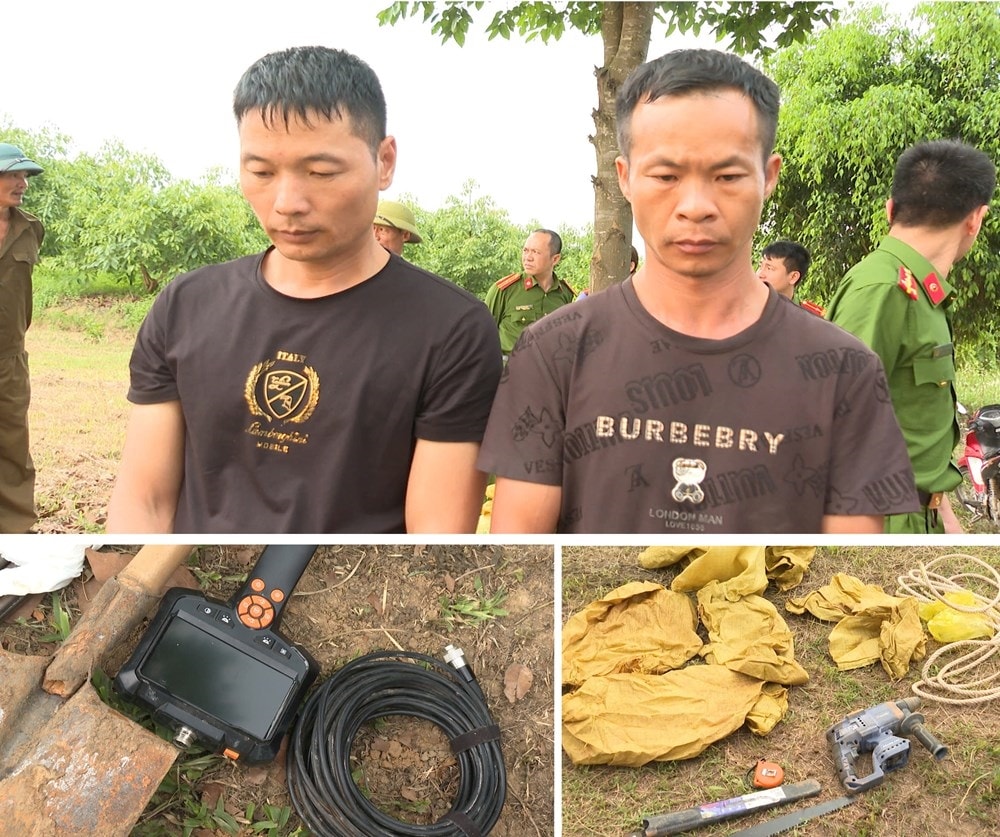 Hai nghi phạm trong vụ đào trộm mộ SHEN JIANGYANG, DENG ZHIJI và các dụng cụ dùng để đào bới. Ảnh: Công an Thanh Hóa
