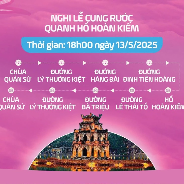 Nghi lễ cung rước Xá lợi Đức Phật quanh hồ Hoàn Kiếm vào 18h ngày 13/5. (Ảnh: BTC)
