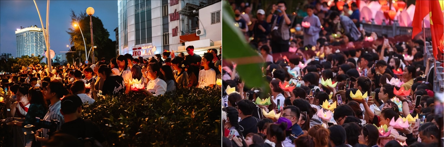 Đông đảo Phật tử và người dân có mặt rất sớm, xếp hàng dài để tham gia lễ thả hoa đăng mừng Phật đản tại chùa Pháp hoa.