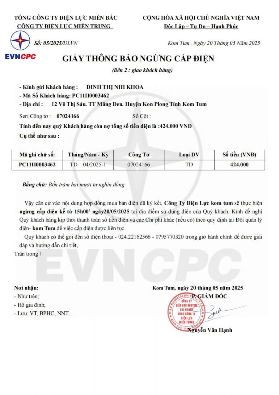 Các đối tượng lừa đảo còn làm giả Giấy báo ngừng cung cấp điện để gửi cho khách hàng