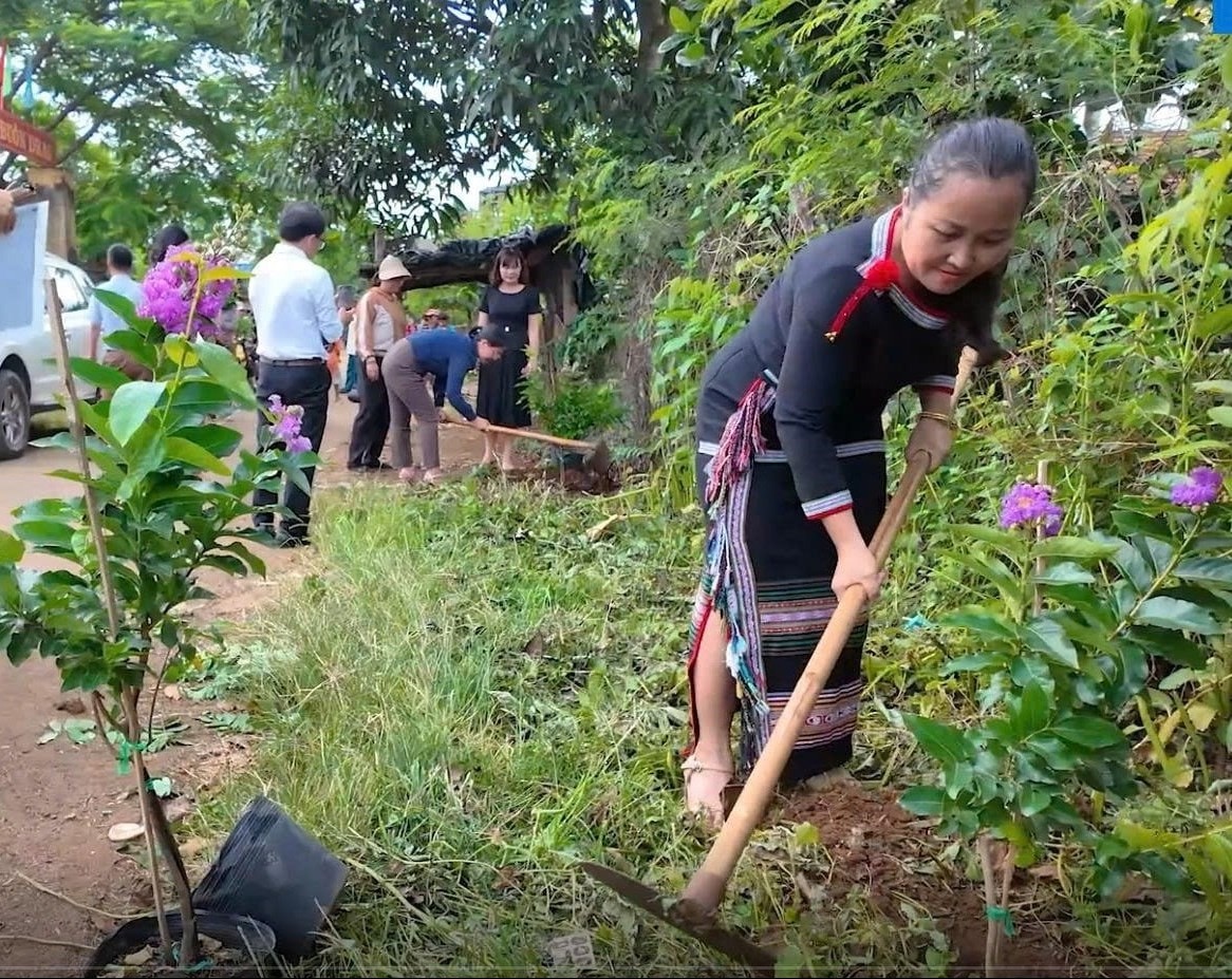Bà con buôn Ray, xã Dur Kmăl trồng bằng lăng do Phòng Dân tộc huyện Krông Na tặng tặng.