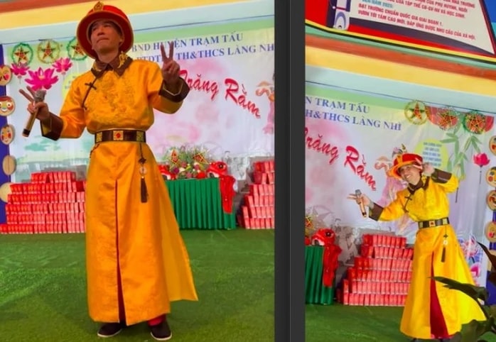 Phú Lê mặc đồ vua chúa nước ngoài, hát, tặng quà cho các em học sinh Trường Phổ thông Dân tộc bán trú Phổ thông Dân tộc bán trú TH và THCS Làng Nhì  (tỉnh Yên Bái cũ) năm 2023 gây tranh cãi - Ảnh Internet