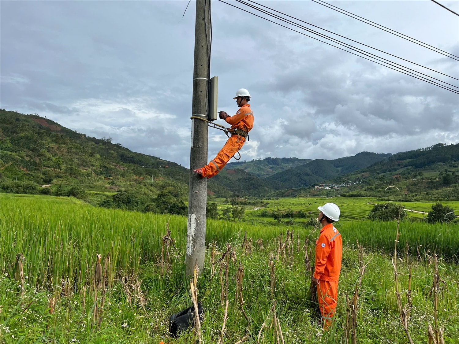 Nhân viên Công ty Điện lực Quảng Ngãi kiểm tra hệ thống điện tại xã Măng Ri, tỉnh Quảng Ngãi. (Ảnh: Ngọc Chí)