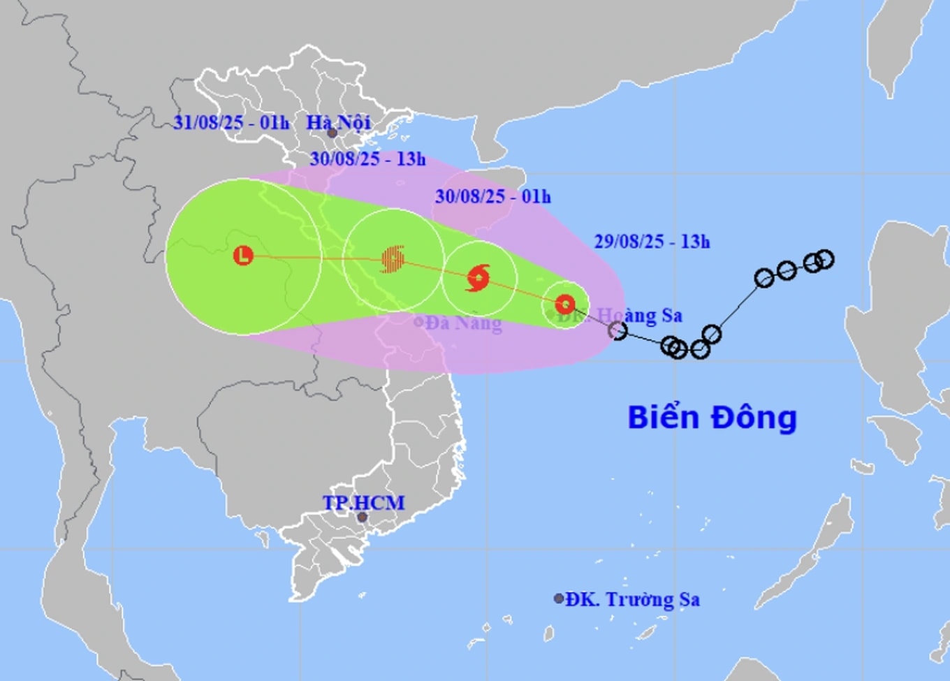 Dự báo đường đi, khu vực ảnh hưởng của áp thấp nhiệt đới sau khả năng mạnh lên thành bão số 6. Ảnh: Trung tâm Dự báo khí tượng thủy văn quốc gia