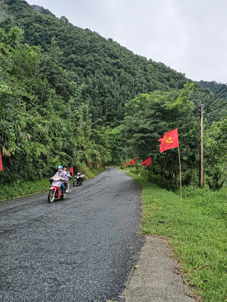 Trong màu xanh ngút ngàn của núi rừng Mường Lống, đã lấp lóa sắc thắm của những lá Quốc kỳ phần phật tung bay - Ảnh: CSCC