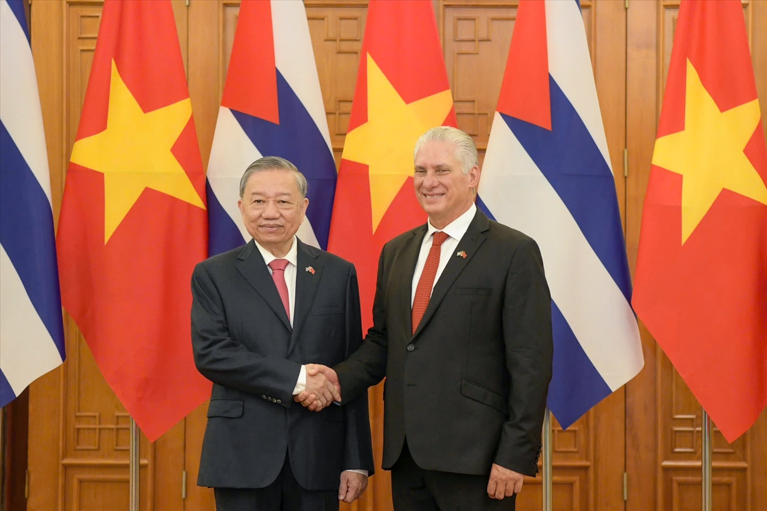 Tổng Bí thư Tô Lâm và Bí thư thứ nhất, Chủ tịch nước Cuba Miguel Díaz-Canel Bermúdez trước hội đàm.