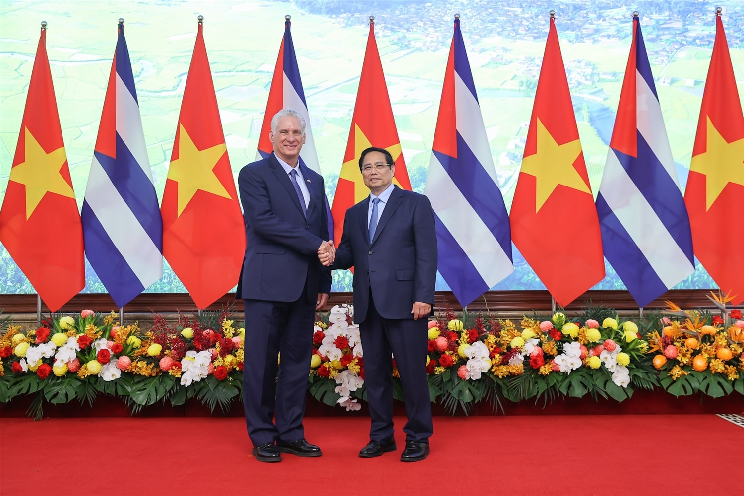 Bí thư Thứ nhất Trung ương Đảng Cộng sản, Chủ tịch nước Cuba Miguel Diaz Canel hội kiến với Thủ tướng Chính phủ Phạm Minh Chính - Ảnh: VGP/Nhật Bắc