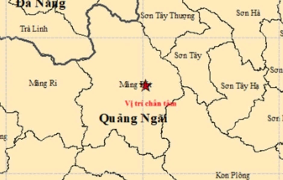 Bản đồ tâm chấn trận động đất mạnh 4,5 độ ở xã Măng Bút, tỉnh Quảng Ngãi lúc 1h36 sáng 11/9. (Ảnh: Viện Các khoa học Trái đất)