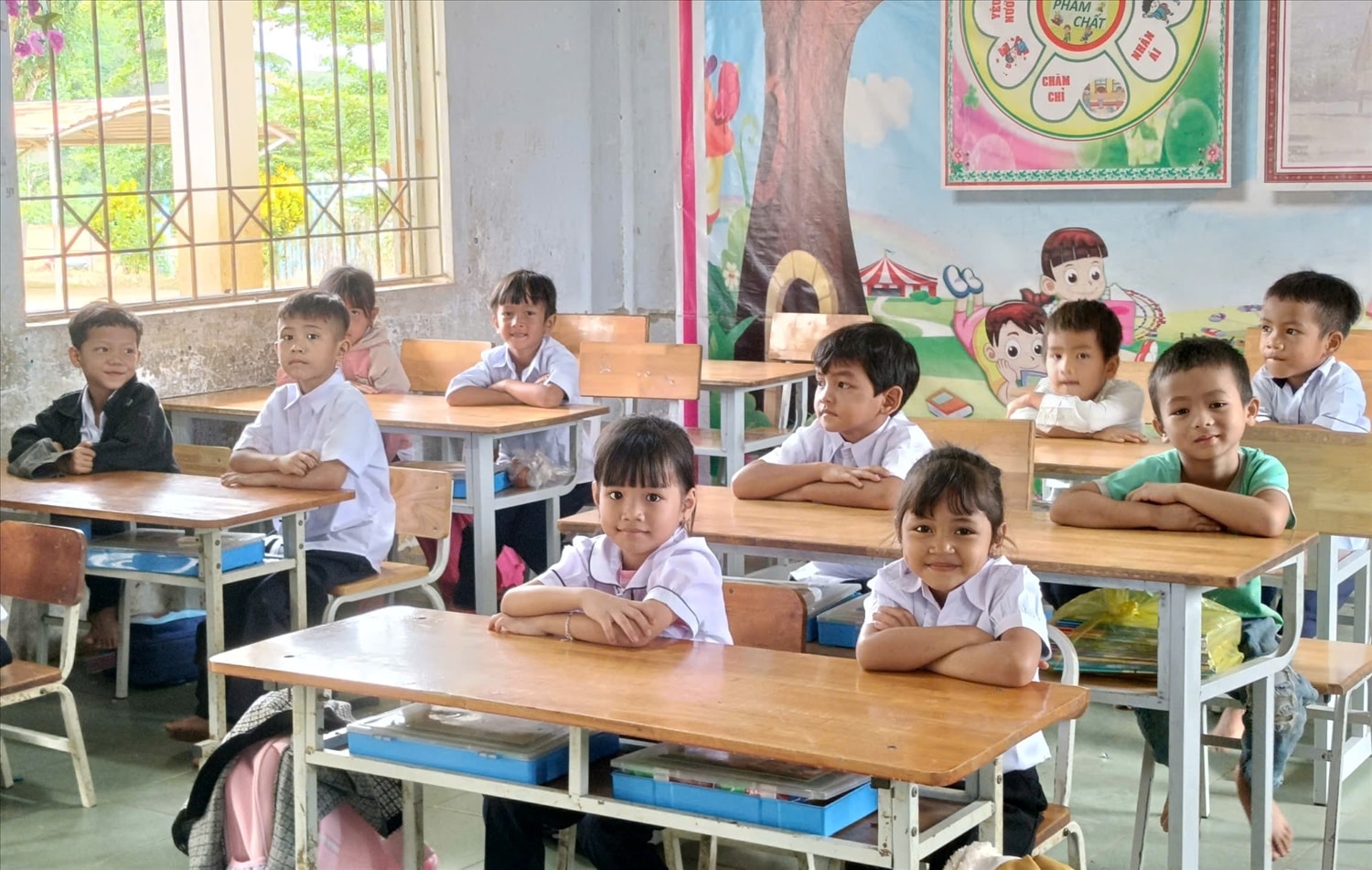 Nụ cười và ánh mắt rạng ngời của các em học sinh Trường Tiểu học xã Đăk Long khi đến trường. (Ảnh: Ngọc Chí)