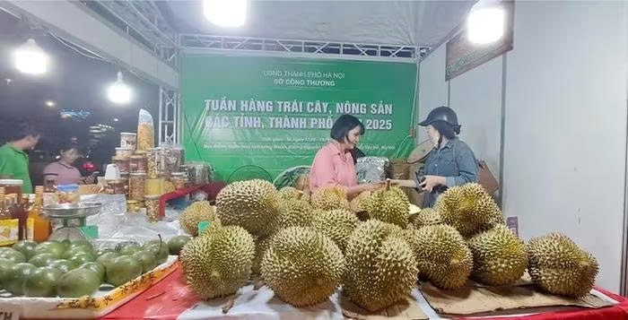 Sầu riêng và bơ của tỉnh Đắk Lắk tham gia tại Tuần hàng trái cây, nông sản các tỉnh, thành phố năm 2025.Ảnh: ITN