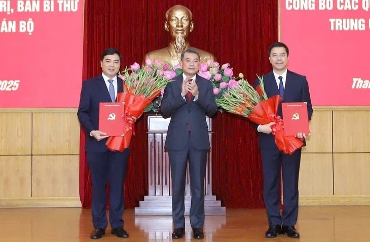 Ủy viên Bộ Chính trị, Bí thư Trung ương Đảng, Trưởng Ban Tổ chức Trung ương Lê Minh Hưng trao quyết định về công tác cán bộ cho ông Nguyễn Hoài Anh (trái) và ông Nguyễn Hồng Phong.(ảnh PV)