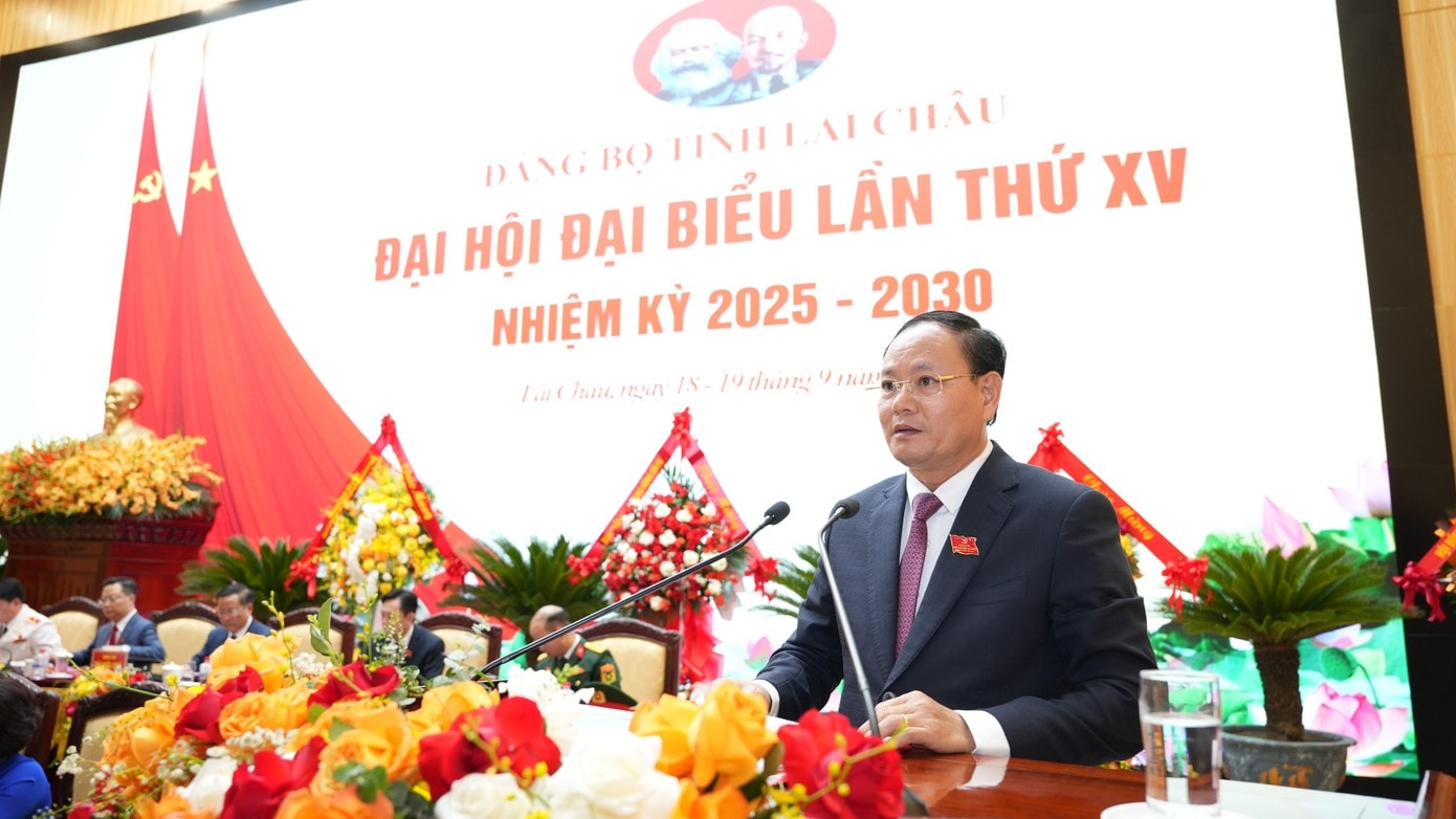 Bí thư tỉnh ủy Lai Châu nhiệm kỳ 2025 - 2030 Lê Minh Ngân phát biểu tại Đại hội (ảnh Trọng Bảo)