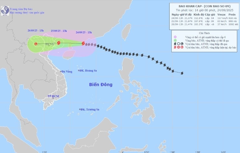 Đường đi của bão số 9. Ảnh: Trung tâm Dự báo khí tượng thủy văn Quốc gia.