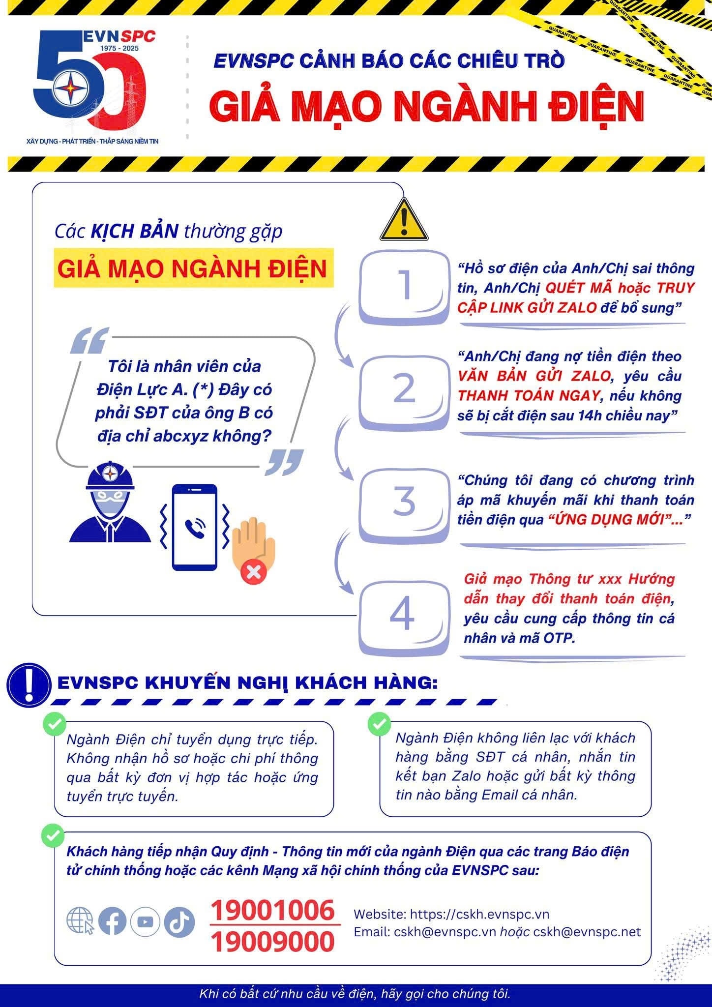 EVNSPC cảnh báo các chiêu trò giả mạo ngành điện.