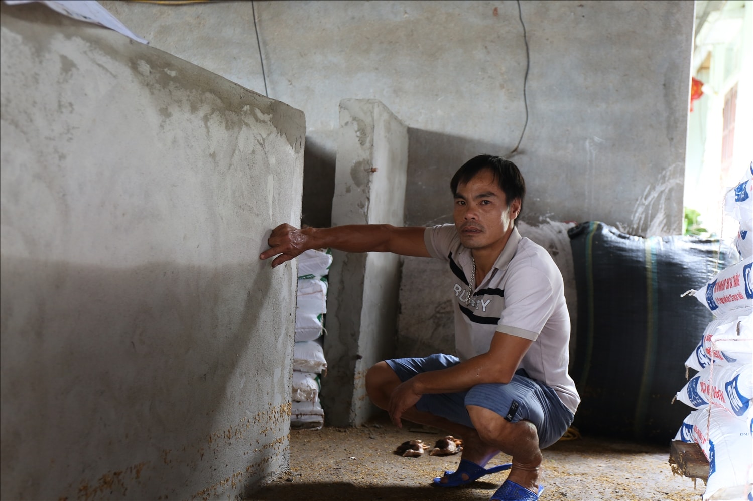 Bão vào, nước trong chuồng ngập sâu tại vị trí anh Sỹ chỉ tay - Ảnh: Thanh Hải