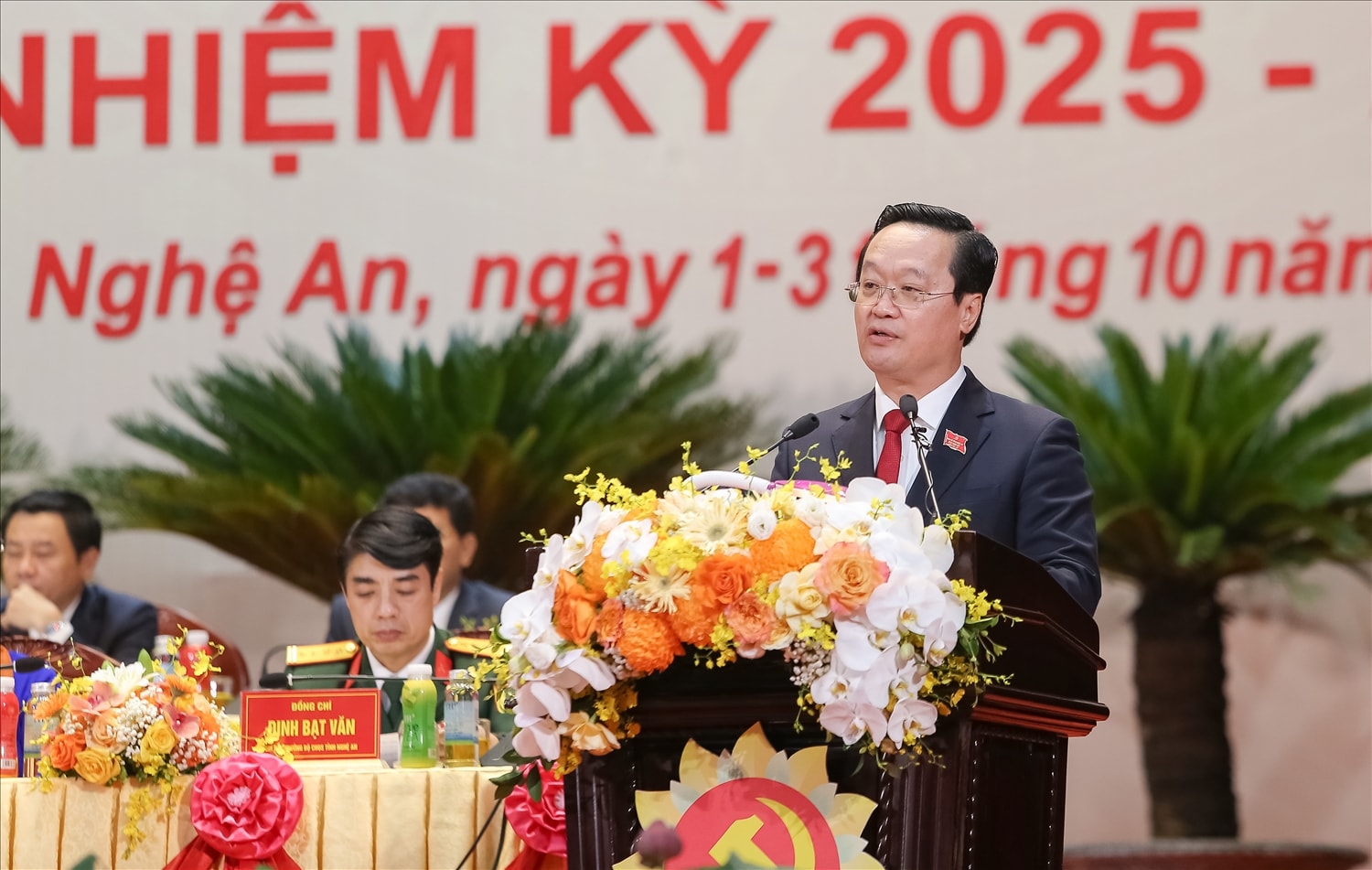 Ông Nguyễn Đức Trung, Bí thư tỉnh Nghệ An nhiệm kỳ 2020-2025 phát biểu khai mạc Đại Hội (Ảnh: Phạm Tiến) 