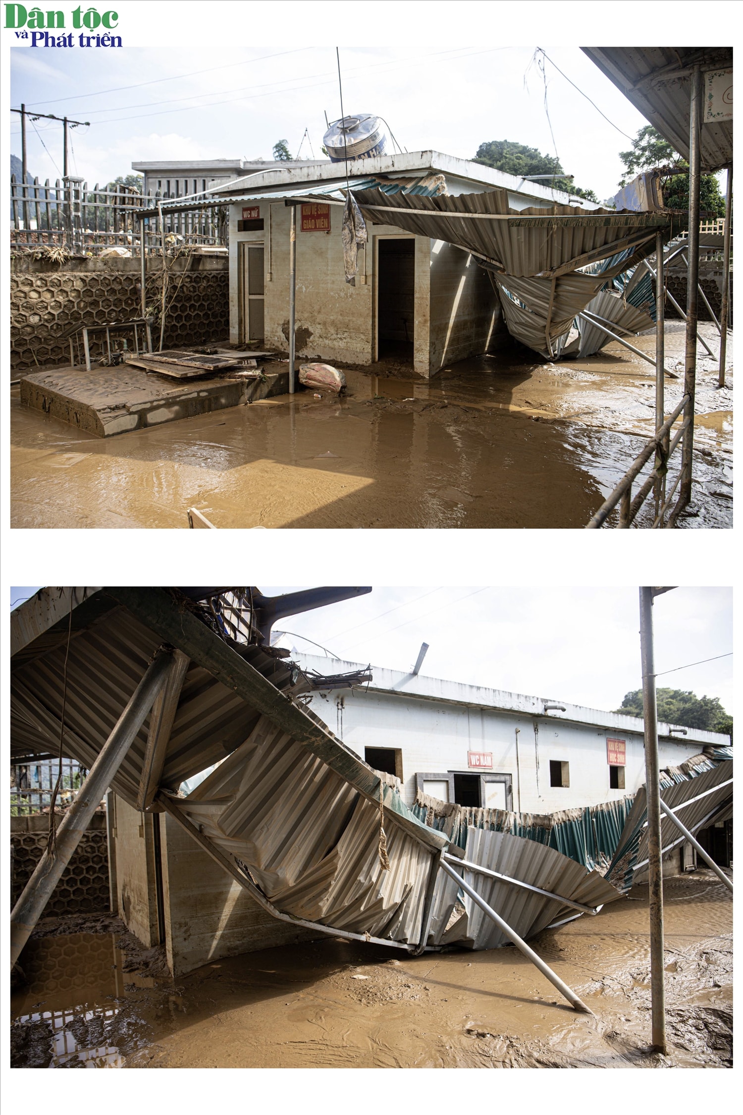 Khu vực bếp ăn và nhà vệ sinh của Trường Tiểu học Quang Trung bị hư hỏng hoàn toàn sau trận lũ. Toàn bộ nền móng ngập sâu trong bùn đất, tường gạch bong tróc, mái tôn bị cuốn bay, nhiều thiết bị không thể sử dụng lại. Đây là những hạng mục thiết yếu phục vụ sinh hoạt hằng ngày của gần 500 học sinh, vì vậy trong thời gian tới, nhà trường cùng chính quyền địa phương sẽ phải huy động nguồn lực để đầu tư xây dựng mới, bảo đảm điều kiện học tập và sinh hoạt tối thiểu cho các em.