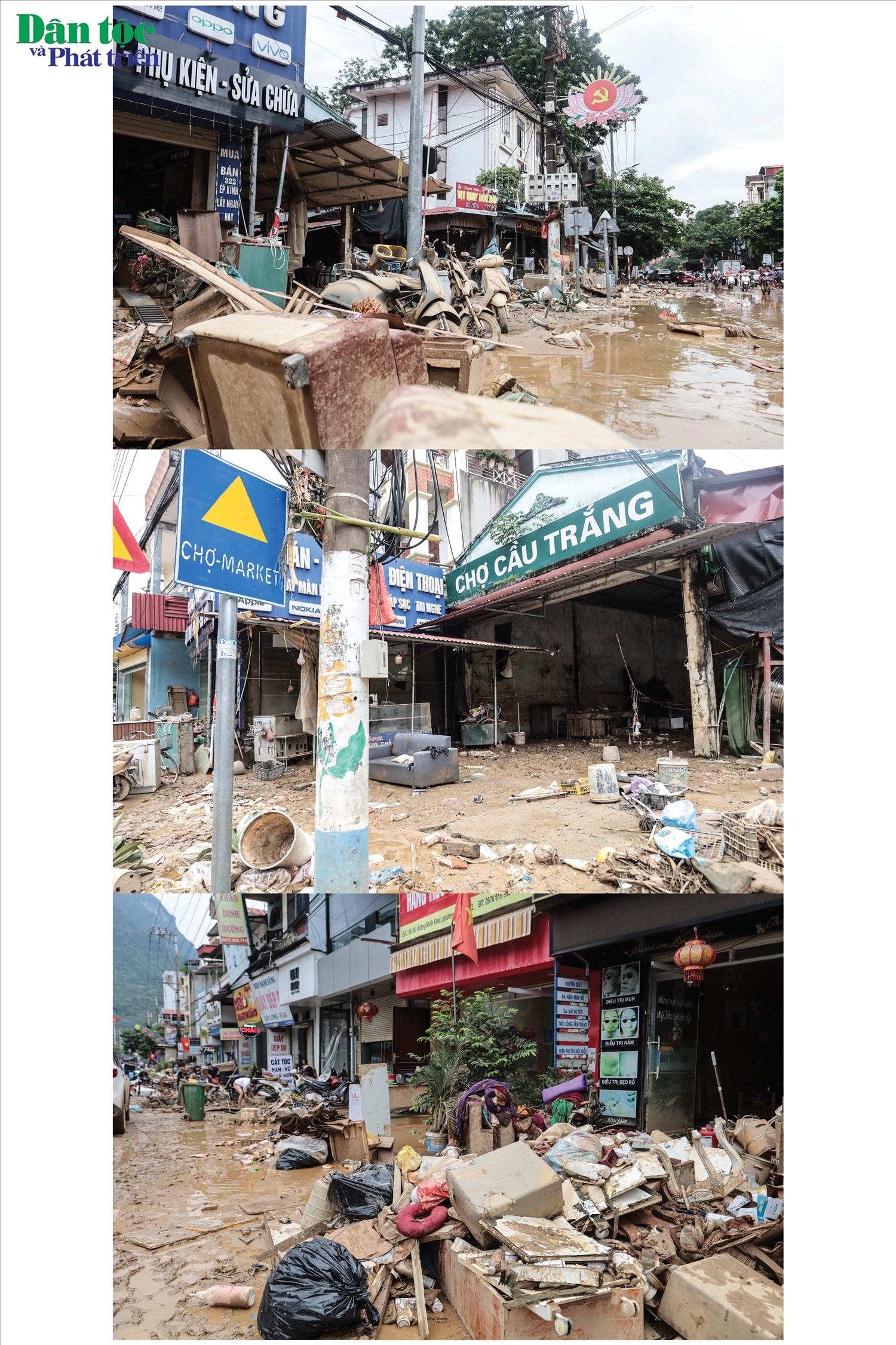 Dọc hai bên đường, bùn đất bám dày, từng đống rác, gạch ngói vỡ, cành cây gãy nằm chồng chất.