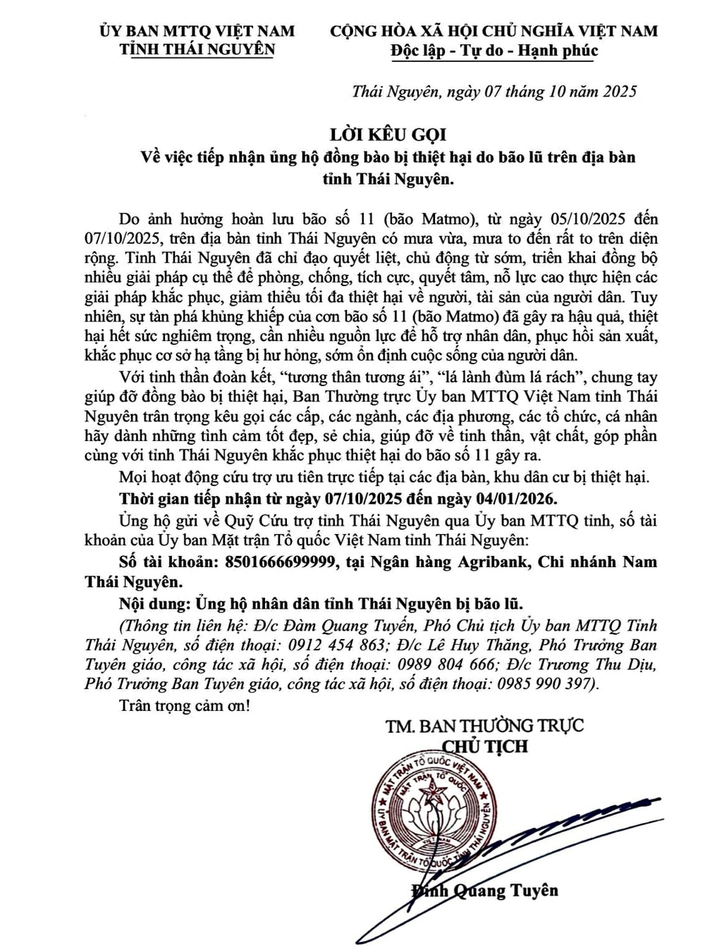 Ủy ban MTTQ Việt Nam tỉnh Thái Nguyên vừa phát đi lời kêu gọi ủng hộ đồng bào bị thiệt hại do bão lũ trên địa bàn tỉnh sau ảnh hưởng của hoàn lưu bão số 11.