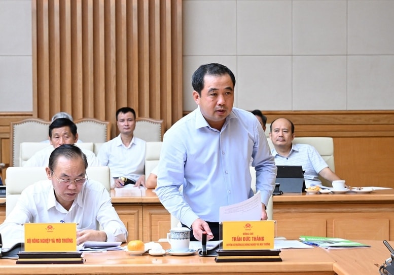 Quyền Bộ trưởng Bộ Nông nghiệp và Môi trường Trần Đức Thắng báo cáo tại cuộc họp - Ảnh: VGP/Nhật Bắc