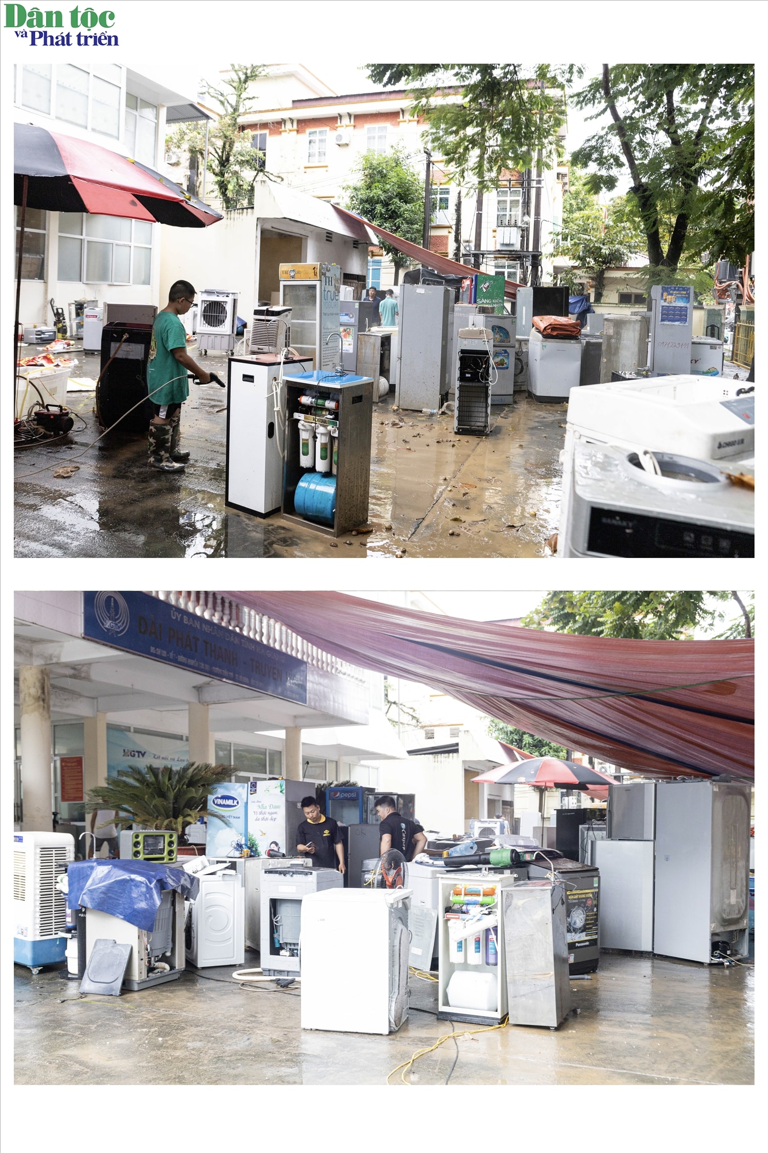 Người dân mang hàng trăm thiết bị đến Đài Phát thanh - Truyền hình Hà Giang cũ (phường Hà Giang 1) nhờ nhóm thợ sửa lại sau lũ