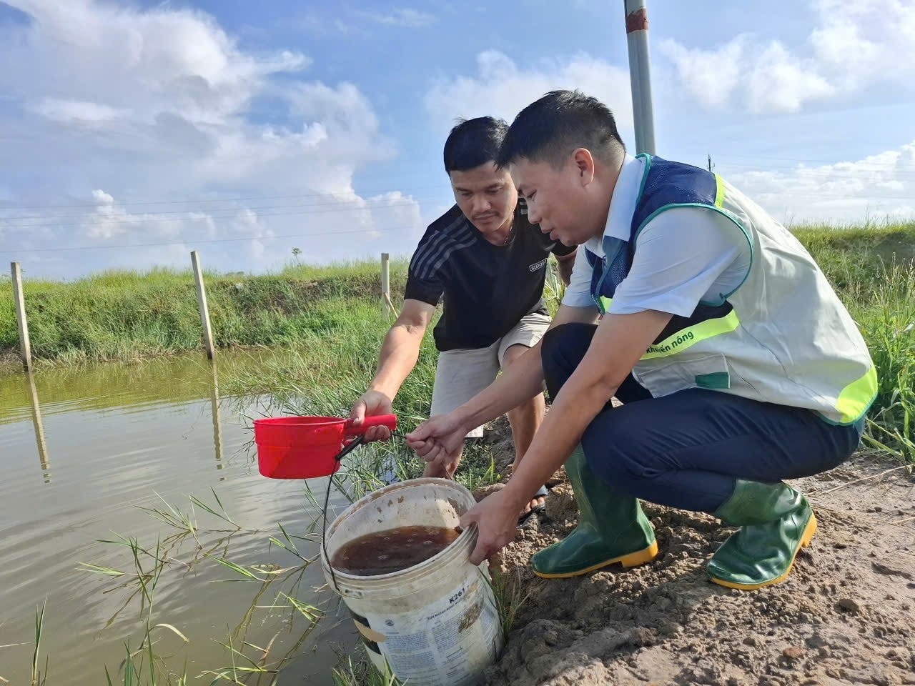 Người dân được hướng dẫn trực tiếp cách pha chế phẩm xử lý môi trường nước sau bão.