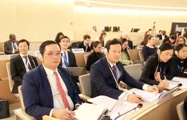 Đoàn Việt Nam tham gia khóa họp lần thứ 58 Hội đồng Nhân quyền Liên hợp quốc, tại Geneva, Thụy Sĩ. Ảnh: TTXVN