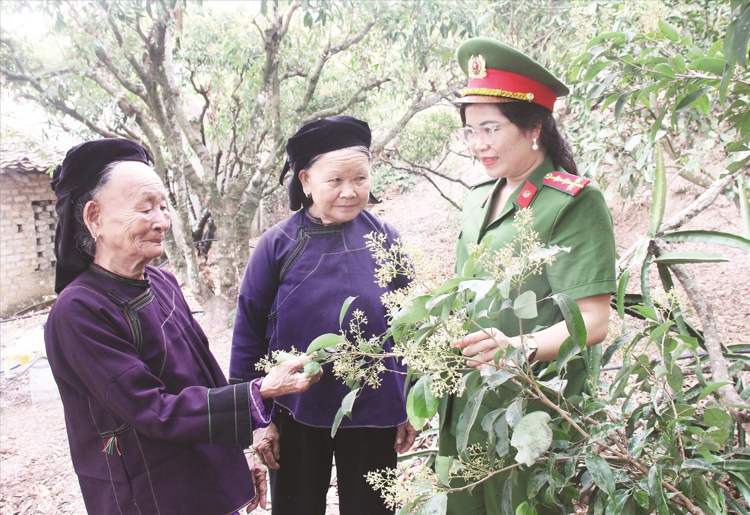 Đại úy Chu Thị Hồng Hà thăm hỏi, động viên tình hình sản xuất vải thiều  của đồng bào dân tộc Nùng thôn Cái Cặn, xã Hộ Đáp