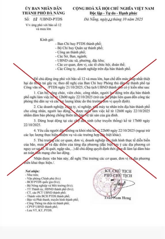 Cơ quan chức năng TP Đà Nẵng xác định văn bản cho nghỉ làm việc, ngừng hoạt động chợ chiều 22/10 là giả mạo. 