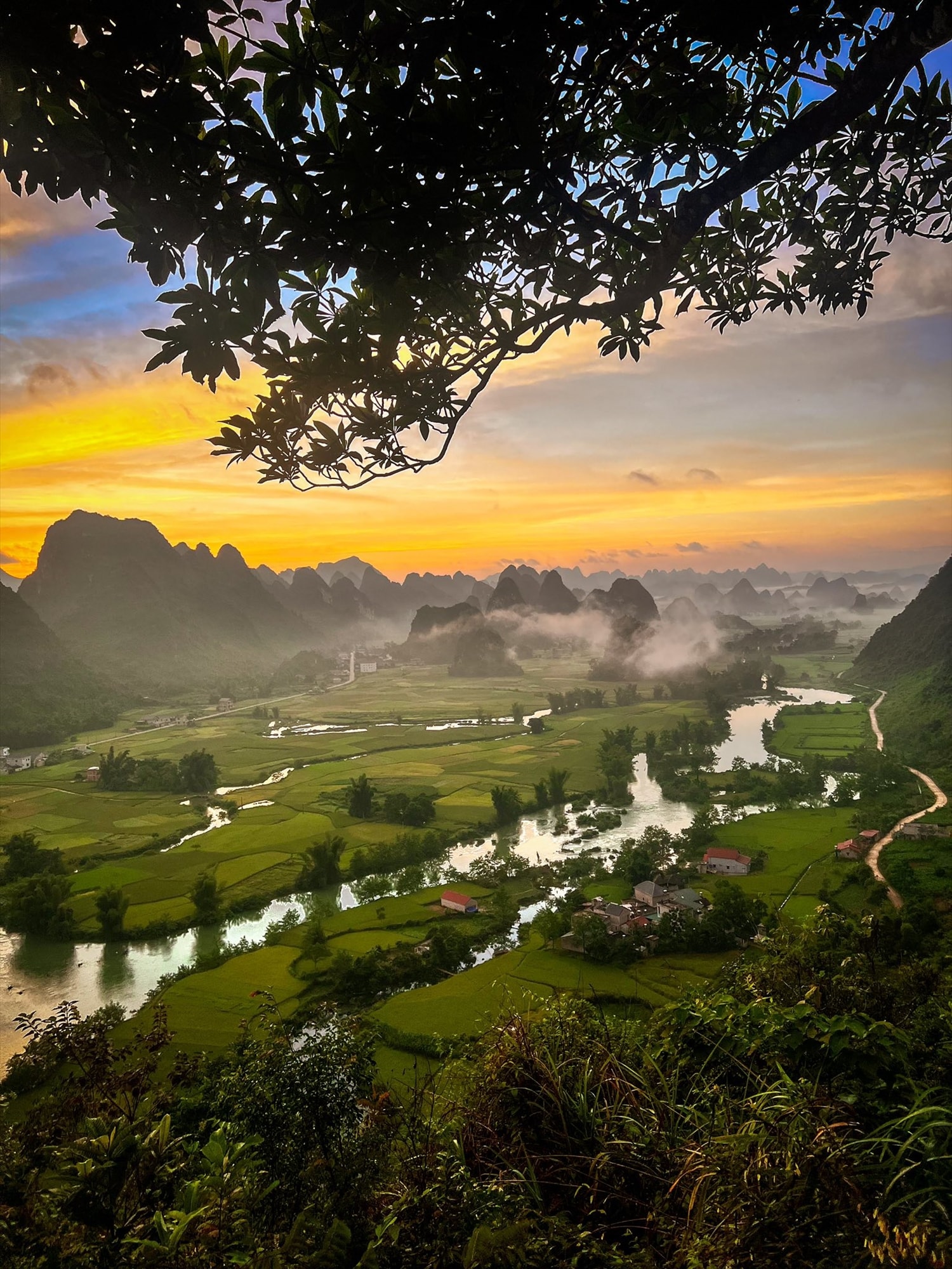 Ánh chiều rực rỡ phủ lên đồng ruộng, hòa cùng mây khói bảng lảng tạo nên cảnh sắc nên thơ.
