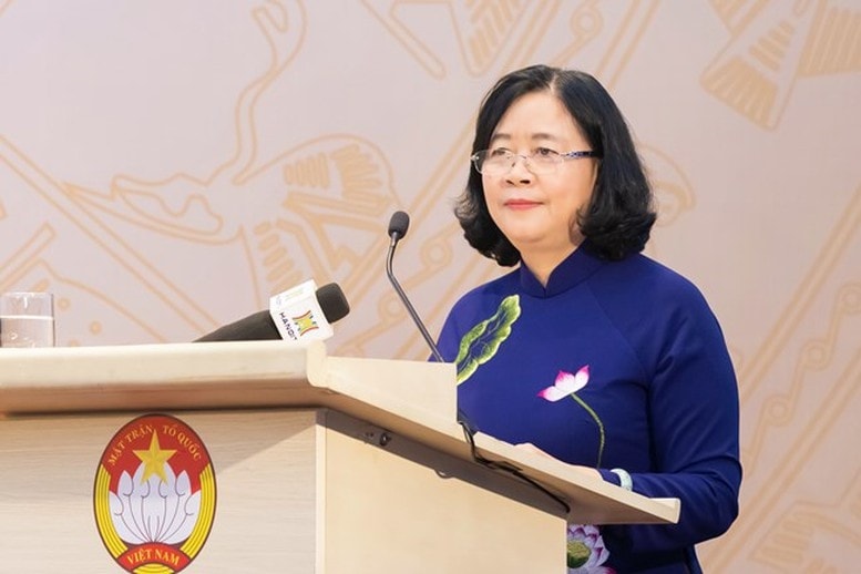 Bà Bùi Thị Minh Hoài Ủy viên Bộ Chính trị, Bí thư Trung ương Đảng, Bí thư Đảng ủy MTTQ, các đoàn thể Trung ương, Chủ tịch Ủy ban Trung ương MTTQ Việt Nam khóa X, nhiệm kỳ 2024 - 2029 phát biểu nhận nhiệm vụ - Ảnh: VGP/Toàn Thắng