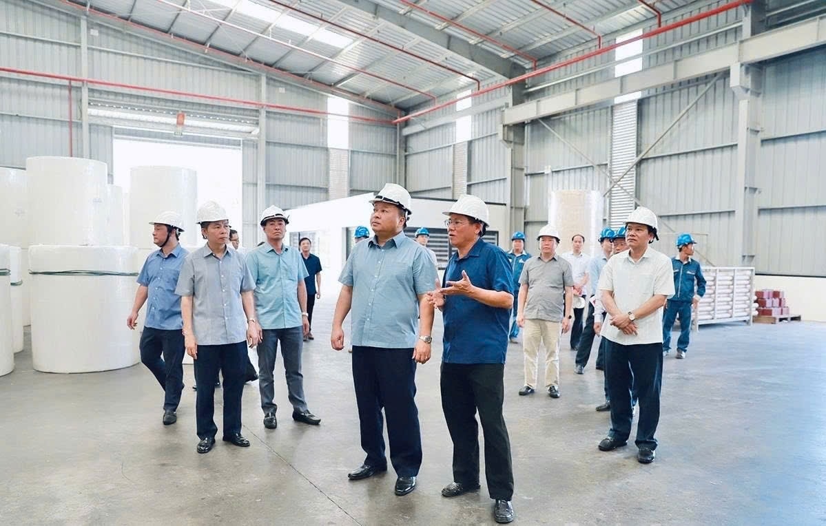 Đồng chí Phan Huy Ngọc, Phó Bí thư Tỉnh ủy, Chủ tịch UBND tỉnh kiểm tra thực tế hoạt động một số nhà máy tại Khu công nghiệp Long Bình An.