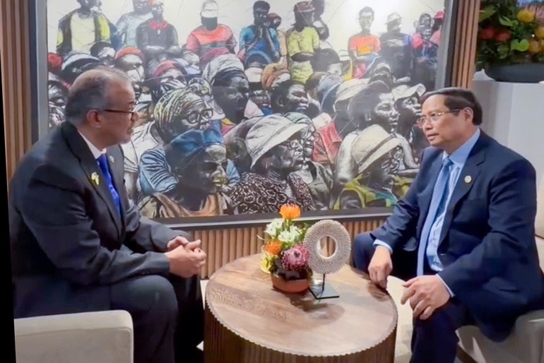 Thủ tướng Phạm Minh Chính và Tổng Giám đốc Tổ chức Y tế Thế giới (WHO) Tedros Adhanom Ghebreyesus. (Ảnh: VGP) Thủ tướng Phạm Minh Chính và Tổng Giám đốc Tổ chức Y tế Thế giới (WHO) Tedros Adhanom Ghebreyesus. (Ảnh: VGP)