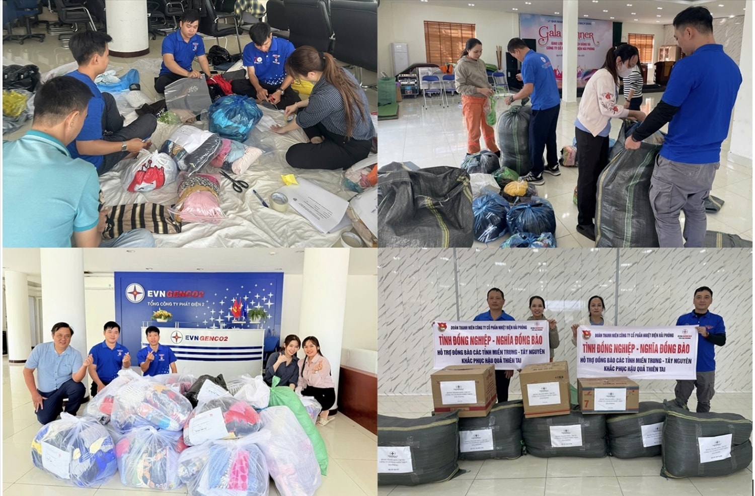 Lực lượng đoàn viên thanh niên  EVNGENCO2 phân loại quần áo và đóng gói cẩn thận trước khi vận chuyển về điểm tập kết 
