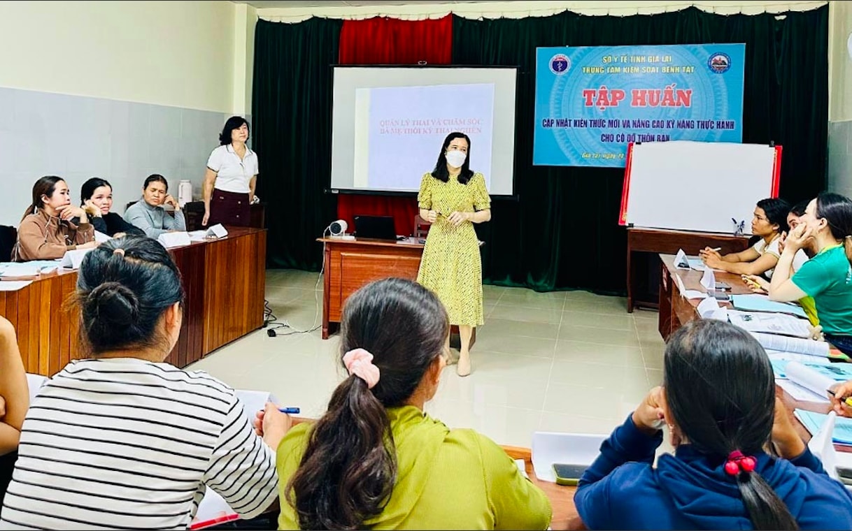 Ngành Y tế Gia Lai thường xuyên tập huấn, cập nhật kiến thức mới về chăm sóc sức khỏe bà mẹ, trẻ em cho các cô đỡ thôn bản. (Ảnh: N.N)