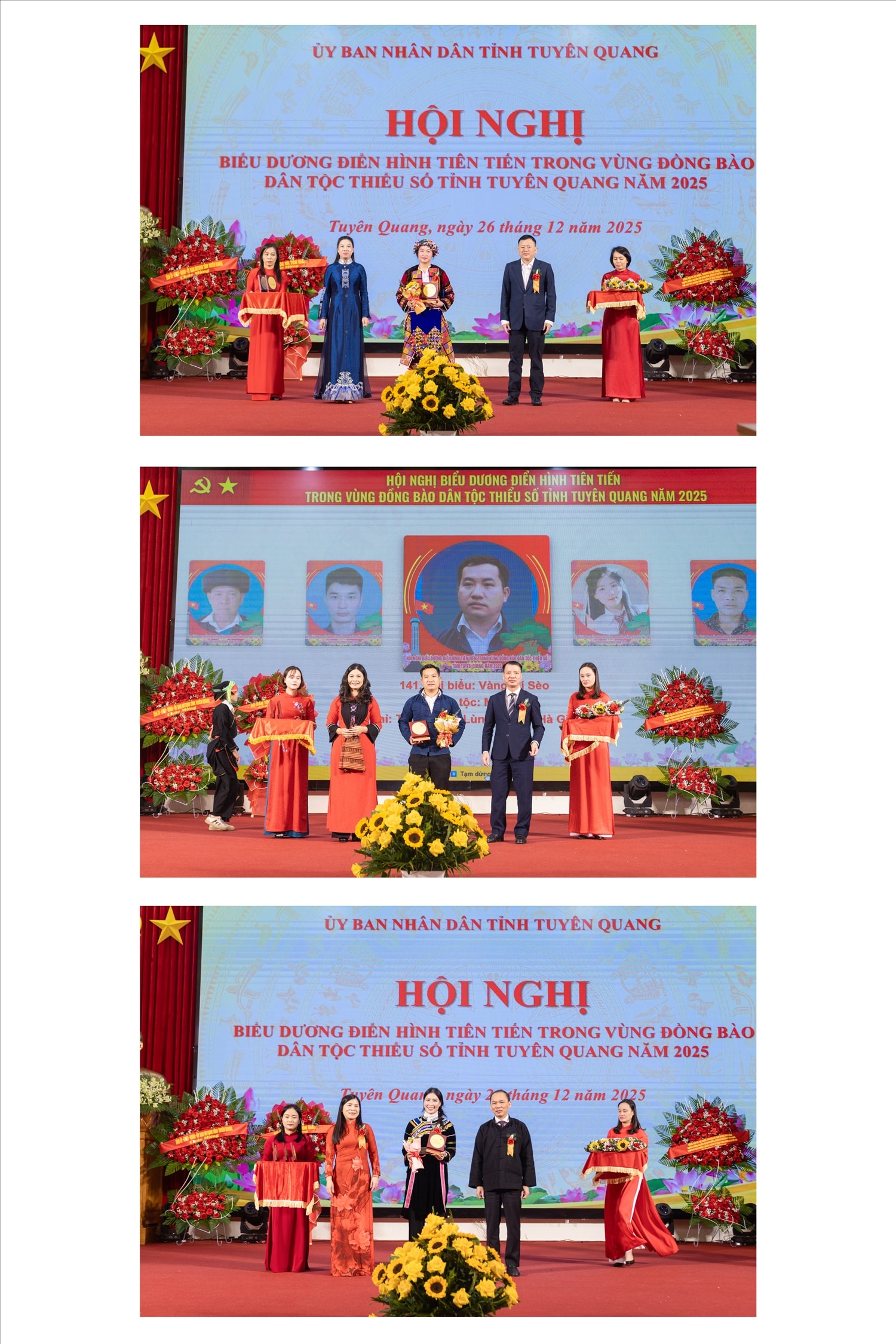 Lãnh đạo Vụ Tuyên truyền công tác dân tộc, tôn giáo (Bộ Dân tộc và Tôn giáo) và lãnh đạo tỉnh Tuyên Quang trao biểu trưng, tặng hoa và chụp ảnh lưu niệm cùng các điển hình tiên tiến trong đồng bào các DTTS tỉnh Tuyên Quang