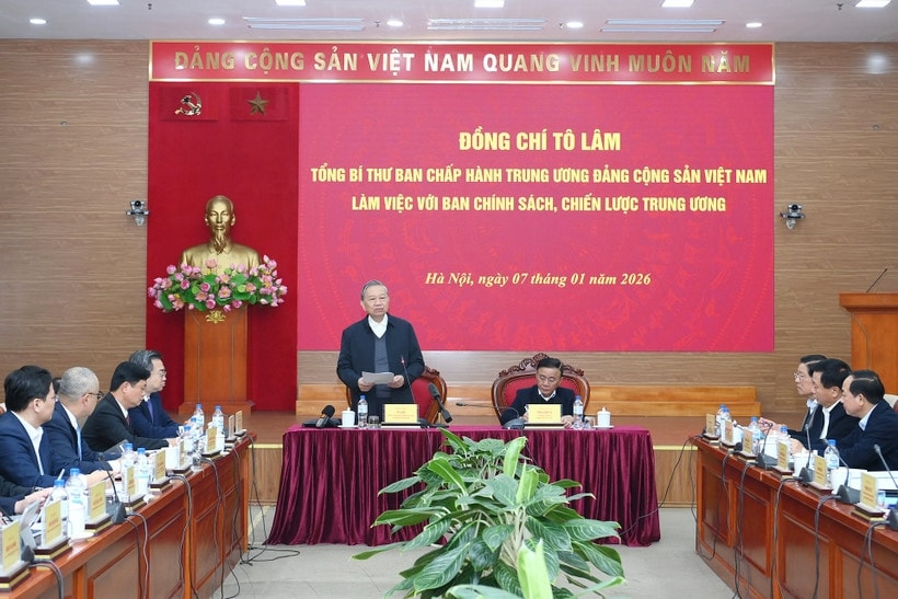 Tổng Bí thư Tô Lâm chủ trì cuộc làm việc với Ban Chính sách, Chiến lược Trung ương. (Ảnh: Đăng Khoa) 