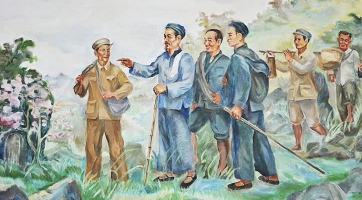 Tranh vẽ sự kiện Bác Hồ đặt những bước chân đầu tiên trở về nước qua cột mốc mang số hiệu 108 (Tranh: Trịnh Phòng)