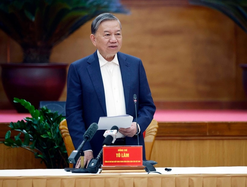Tổng Bí thư Tô Lâm phát biểu tại buổi làm việc với Ban Chấp hành Đảng bộ tỉnh Quảng Ninh. (Ảnh: Thống Nhất/TTXVN)