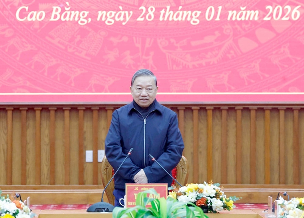 Tổng Bí thư Tô Lâm phát biểu tại buổi làm việc với Ban Chấp hành Đảng bộ tỉnh Cao Bằng. (Ảnh: Thống Nhất/TTXVN) 