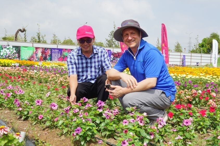 Anh Đoàn Hữu Nhiều (bìa trái) cùng chuyên gia từ Tập đoàn Syngenta (Hà Lan) kiểm tra quá trình sinh trưởng của các giống hoa ngoại nhập. (Ảnh: NVCC)
