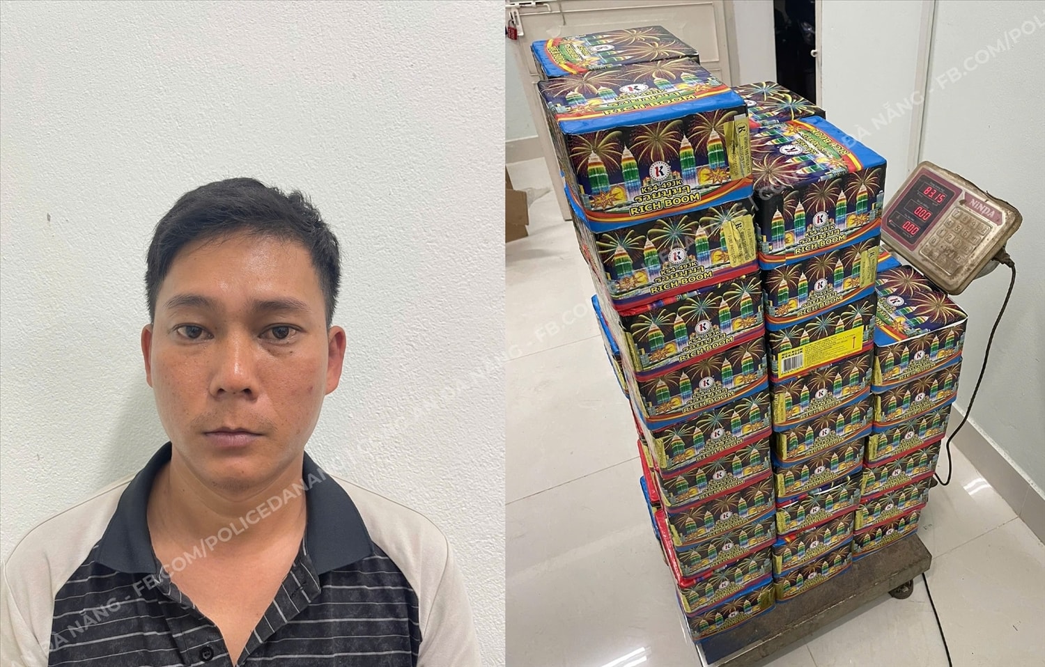 Nguyễn Viết Vinh và tang vật bị thu giữ. (Ảnh Công an cung cấp)