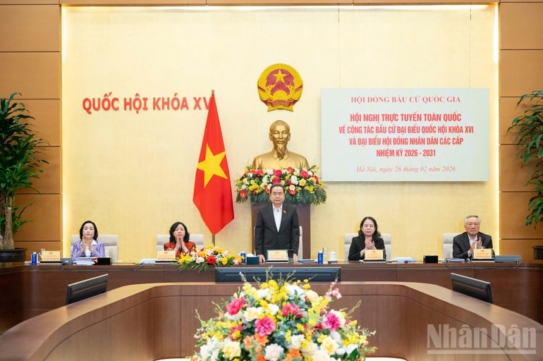 Chủ tịch Quốc hội Trần Thanh Mẫn chủ trì Hội nghị trực tuyến toàn quốc triển khai công tác bầu cử. (Ảnh: DUY LINH)