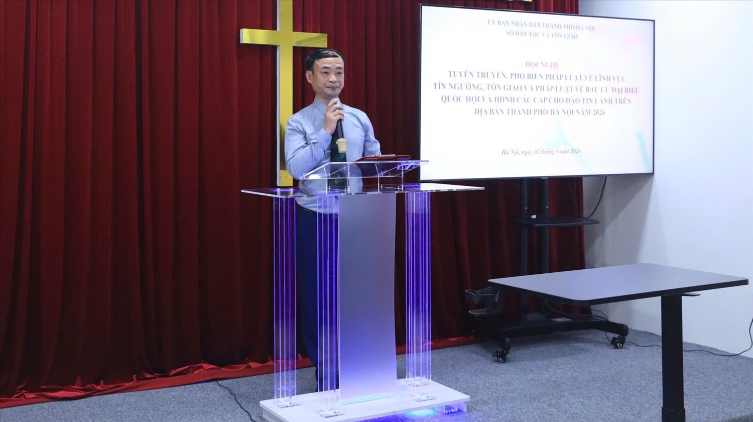 Ông Vũ Duy Hiên, Phó trưởng phòng Nghiệp vụ 3 Sở Sở Dân tộc và Tôn giáo Thành phố Hà Nội  phát biểu khai mạc Hội nghị