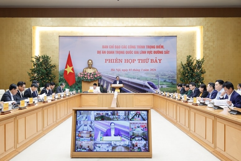 Thủ tướng Phạm Minh Chính, Trưởng Ban Chỉ đạo các công trình trọng điểm, dự án quan trọng quốc gia lĩnh vực đường sắt chủ trì phiên họp thứ 7 của Ban Chỉ đạo - Ảnh: VGP/Nhật Bắc