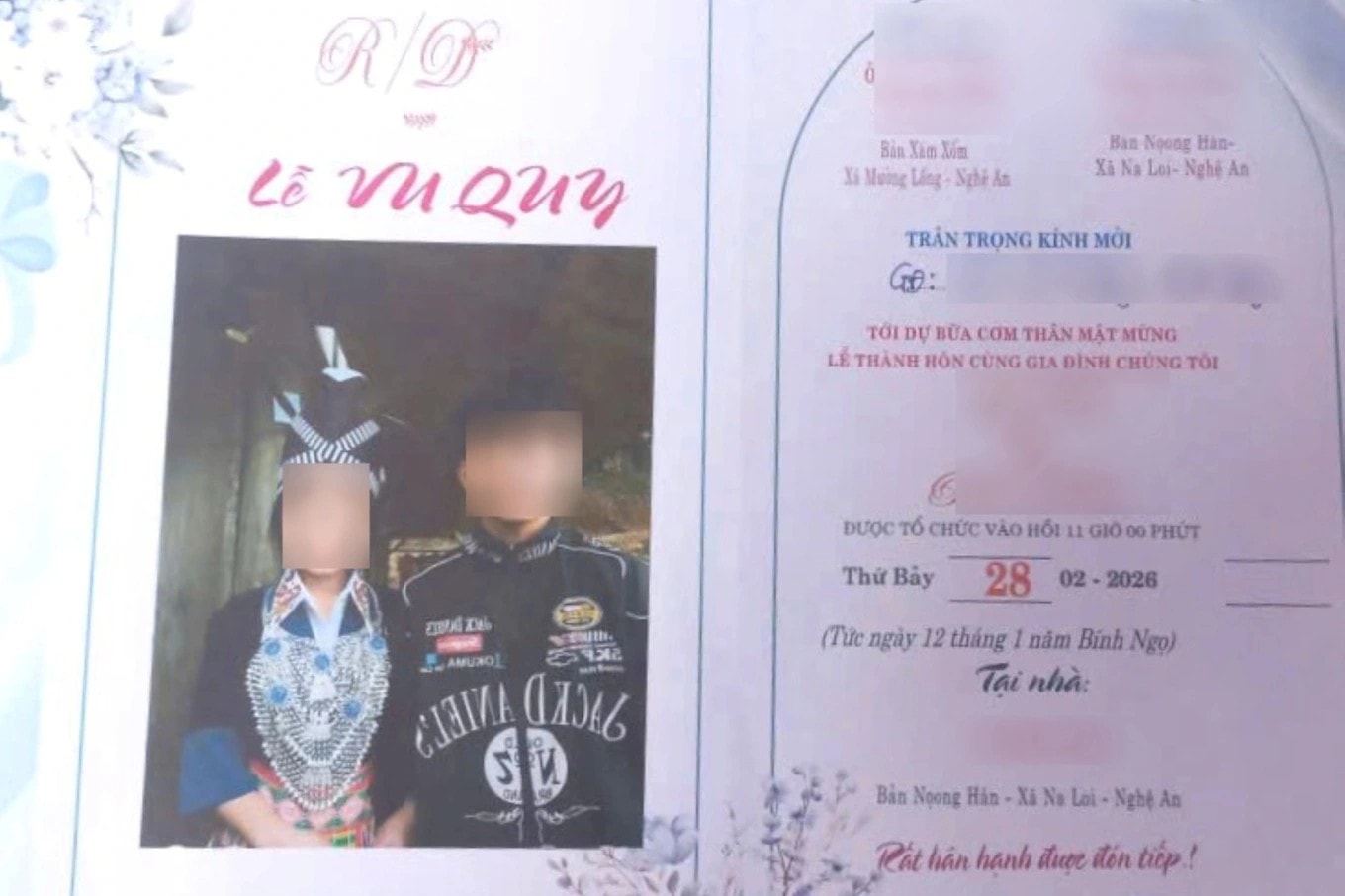 Giấy mời được cho là của một trong 2 học sinh Trường Phổ thông dân tộc bán trú THCS Na Loi  tổ chức lễ vu quy khi chưa đủ tuổi kết hôn