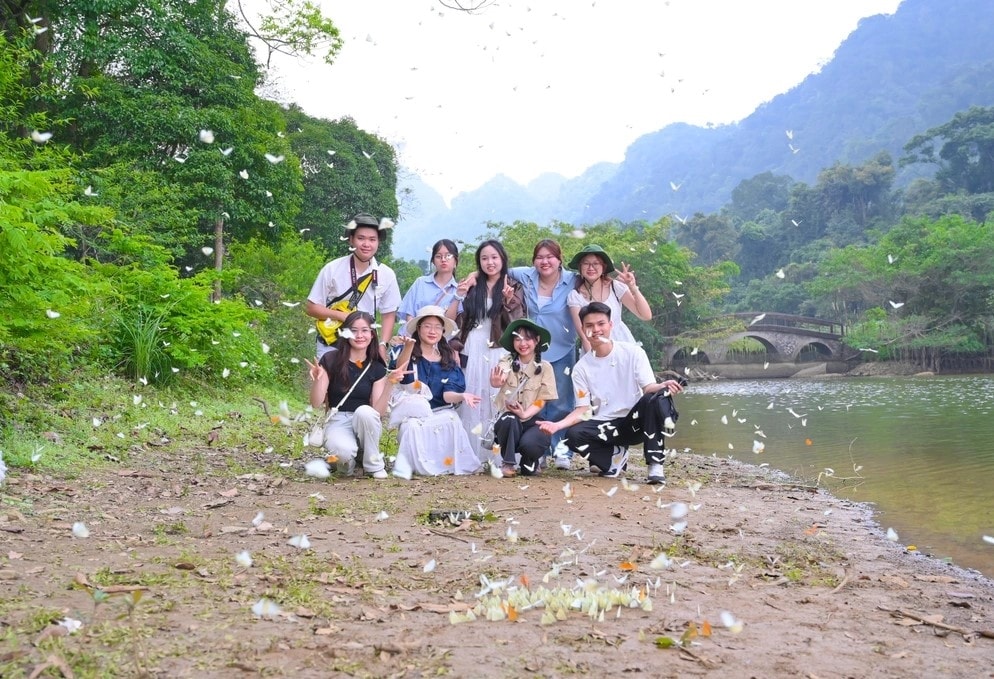 Nhiều đoàn du khách đổ về Vườn Quốc gia Cúc Phương những ngày qua để chiêm ngưỡng mùa bướm rực rỡ, tạo nên khung cảnh nhộn nhịp giữa đại ngàn. Ảnh: Ngọc Linh.