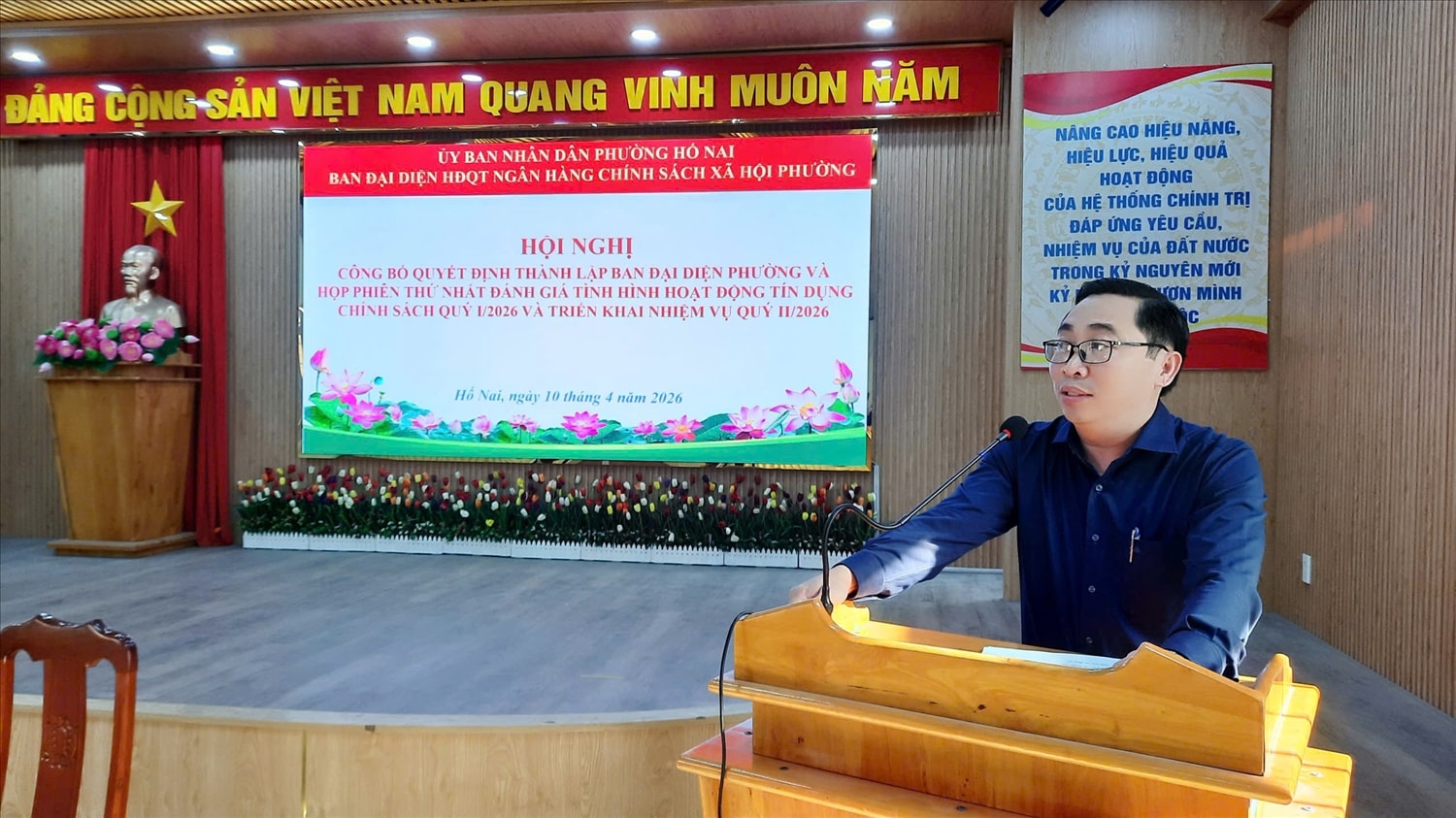 Chủ tịch UBND phường - Trưởng Ban đại diện Hố Nai (Đồng Nai)  Cao Duy Thái phát biểu tại hội nghị thành lập Ban đại diện HĐQT NHCSXH