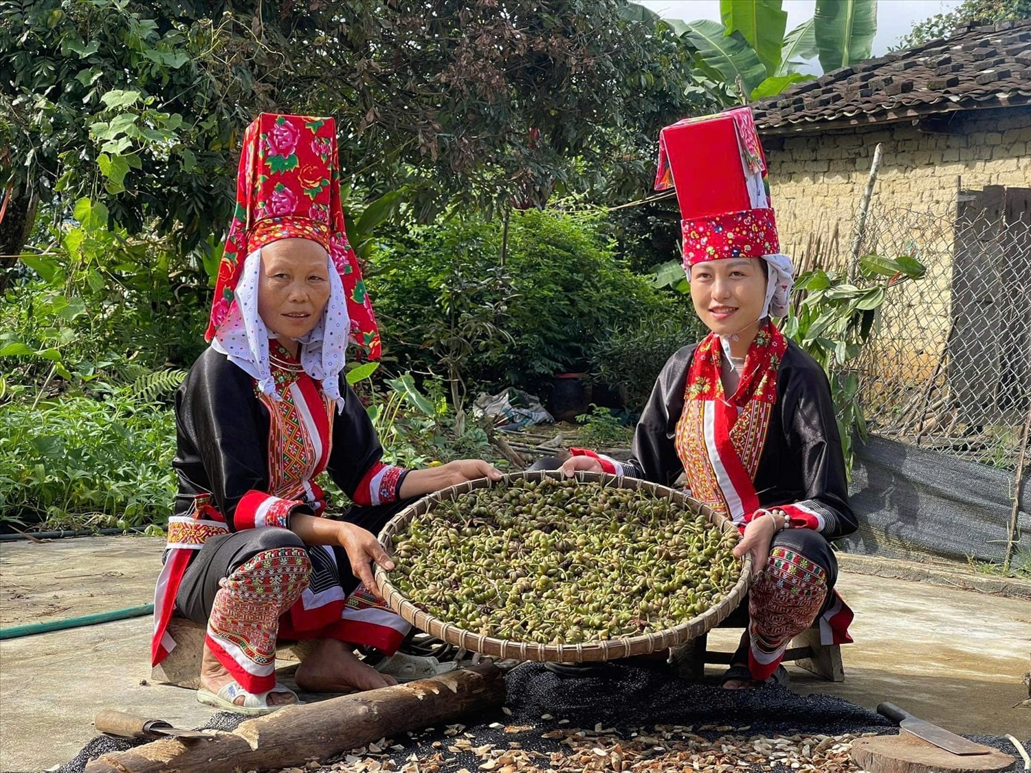 Em Chíu Thị Hiền (bên phải) đang livetream đăng Tiktok các bài thuốc của người Dao